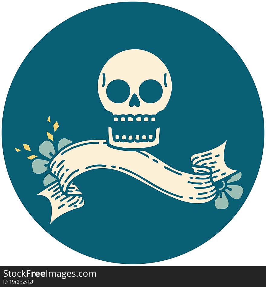 tattoo style icon with banner of a skull