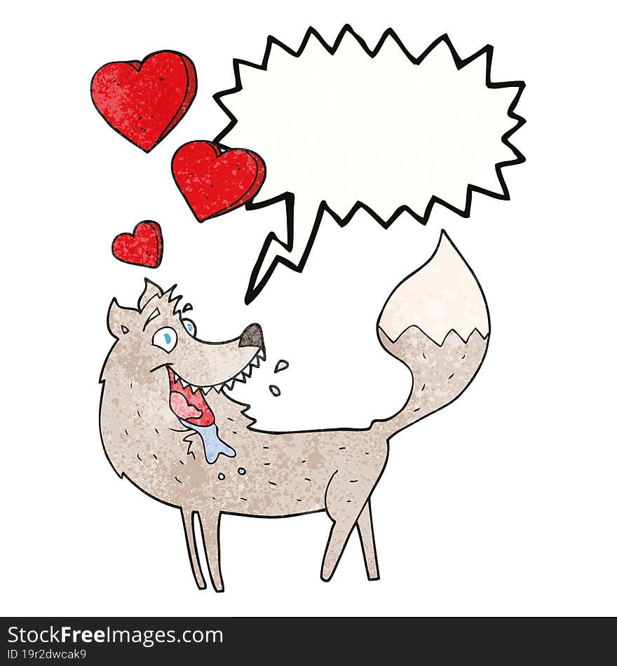 freehand speech bubble textured cartoon wolf in love