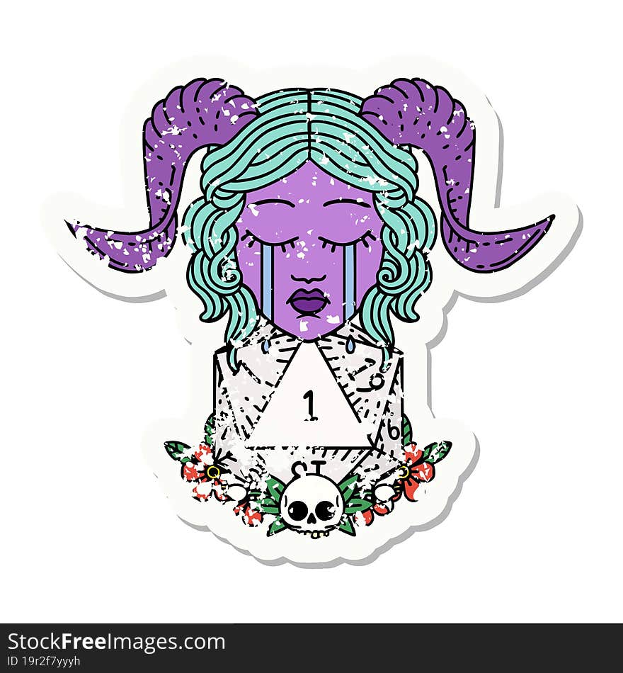 grunge sticker of a crying tiefling with natural one D20 dice roll. grunge sticker of a crying tiefling with natural one D20 dice roll