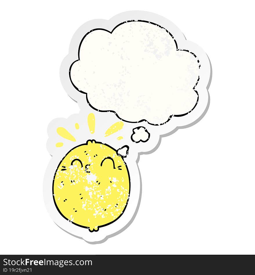 cute cartoon lemon and thought bubble as a distressed worn sticker