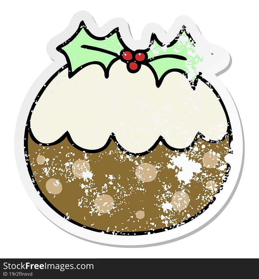 distressed sticker of a quirky hand drawn cartoon christmas pudding