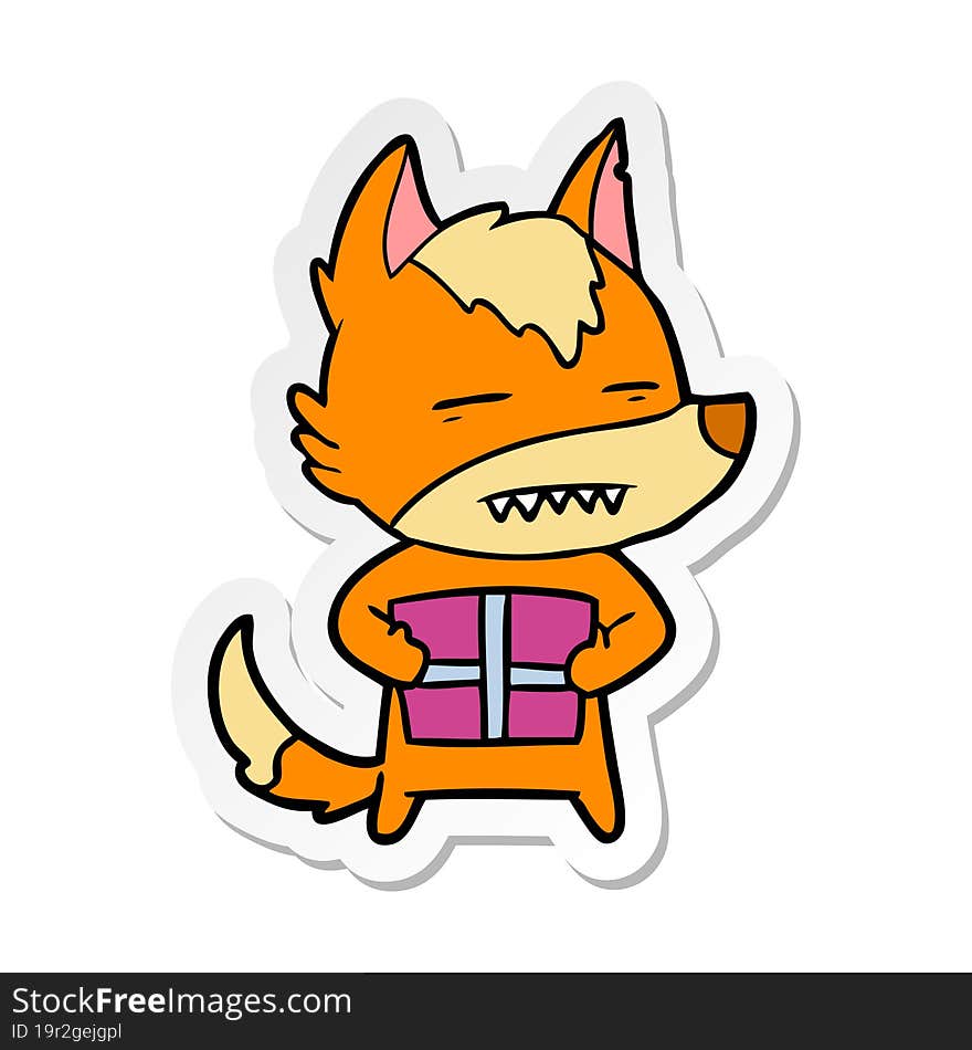 Distressed Sticker Of A Cartoon Fox With Present