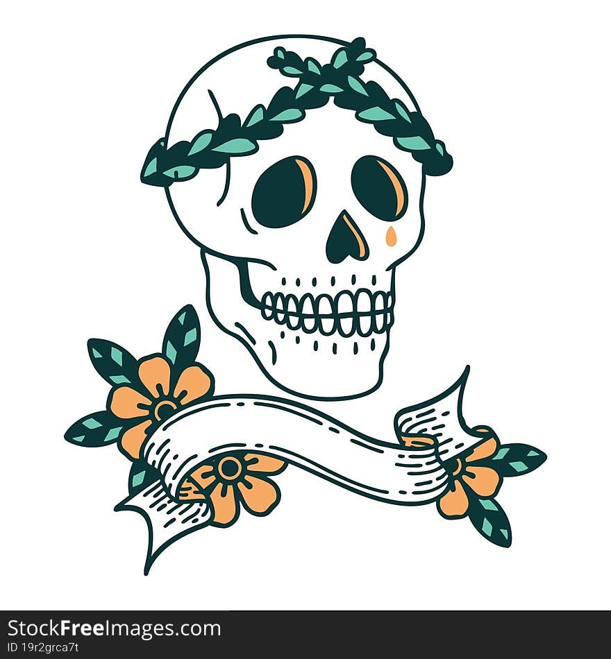 tattoo with banner of a skull with laurel wreath crown