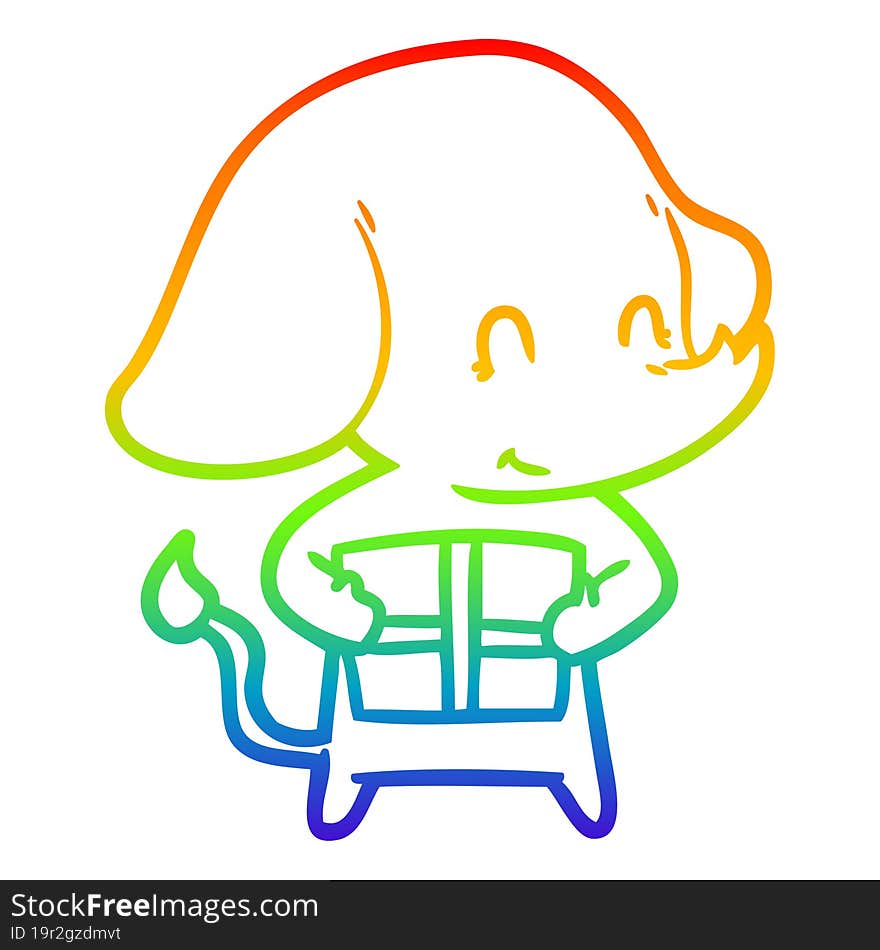 rainbow gradient line drawing cute cartoon elephant with present