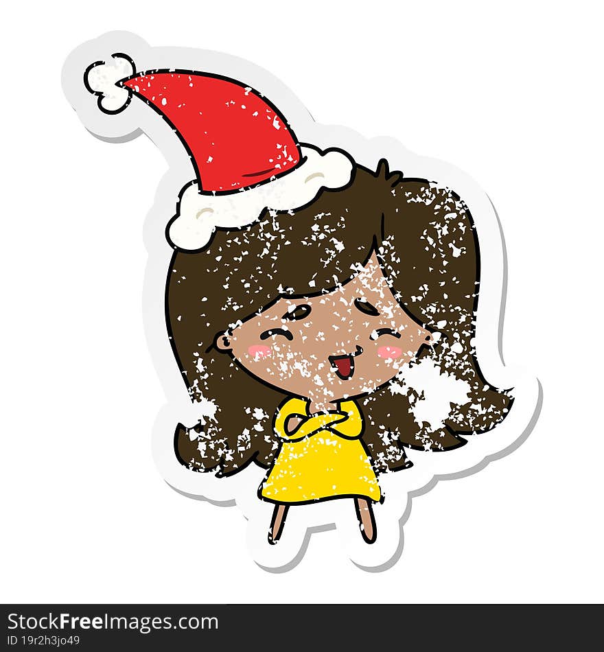 hand drawn christmas distressed sticker cartoon of kawaii girl