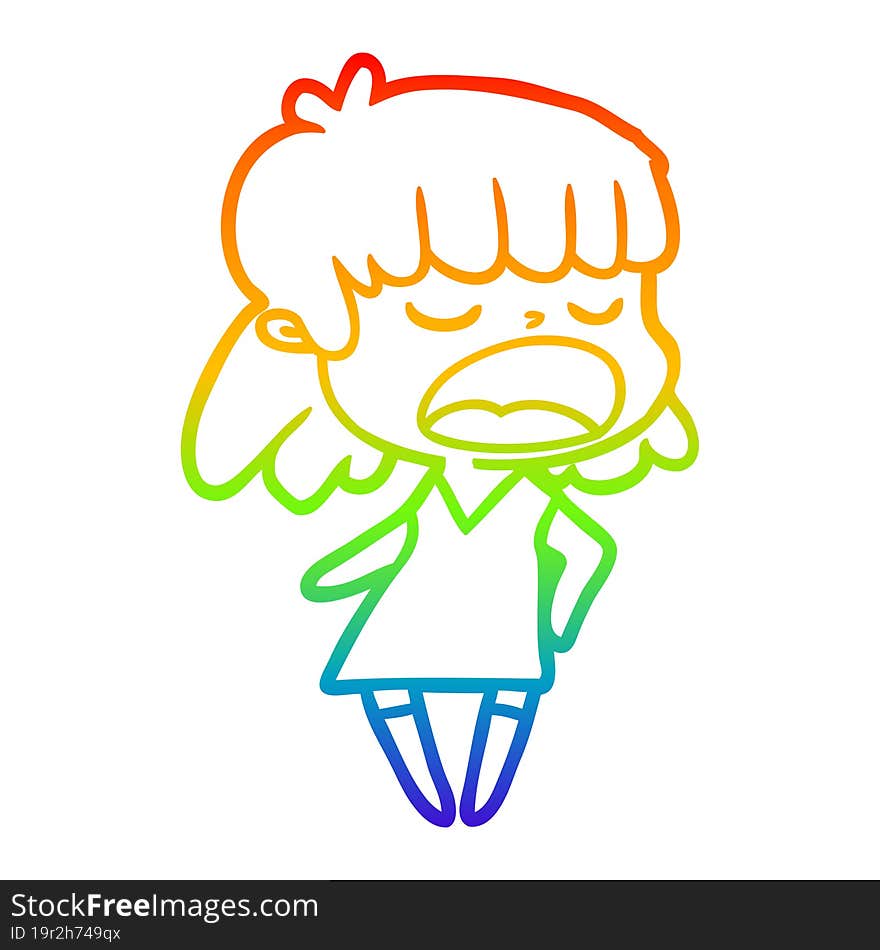 rainbow gradient line drawing cartoon woman talking loudly