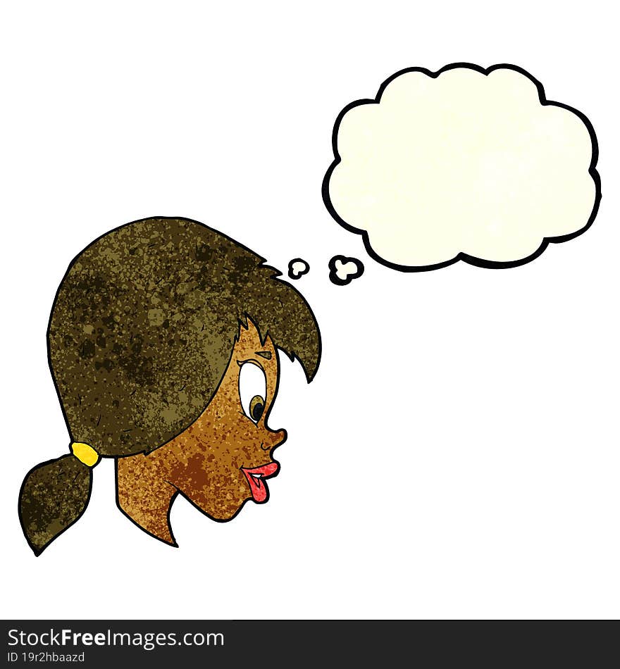 cartoon pretty female face with thought bubble