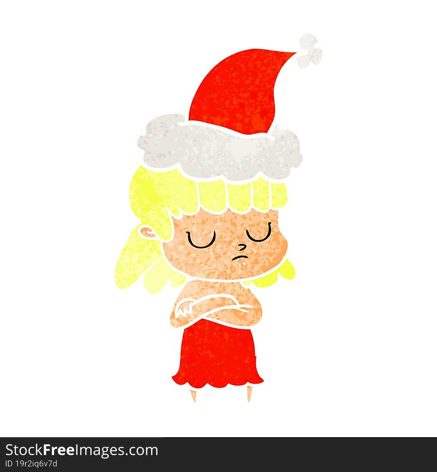 retro cartoon of a indifferent woman wearing santa hat