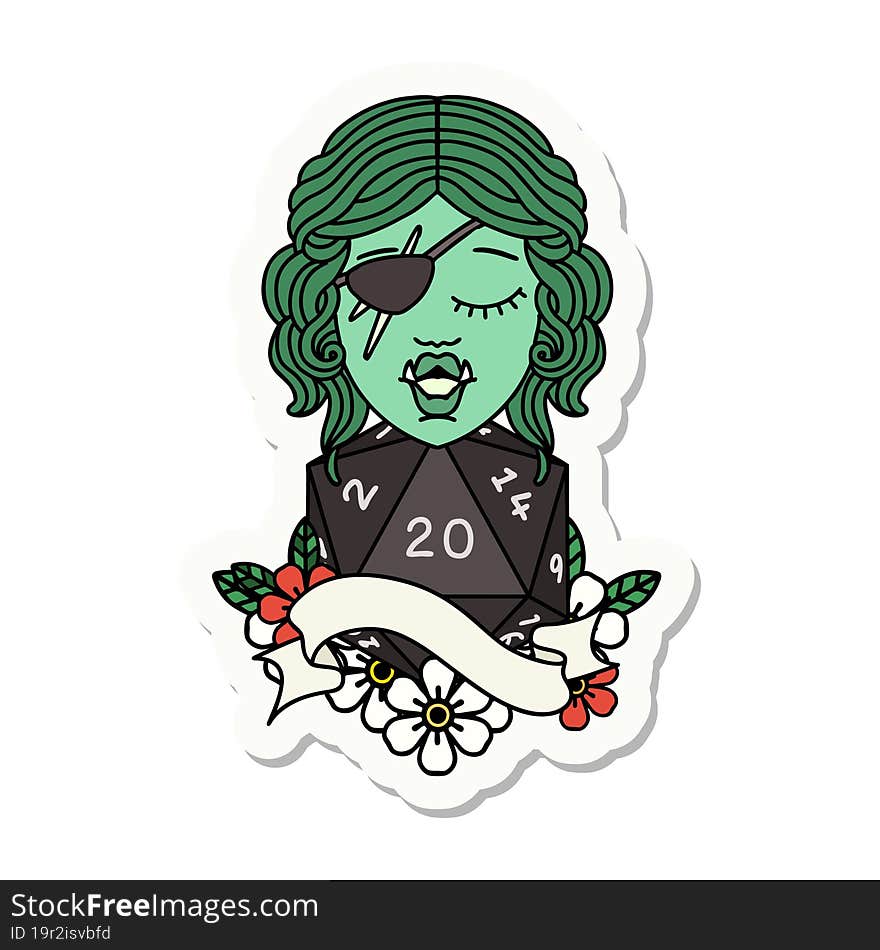 sticker of a half orc rogue with natural twenty dice roll. sticker of a half orc rogue with natural twenty dice roll