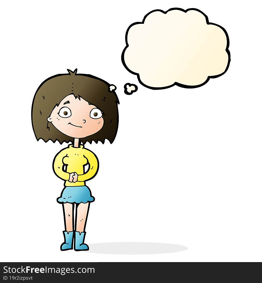 cartoon happy woman with thought bubble