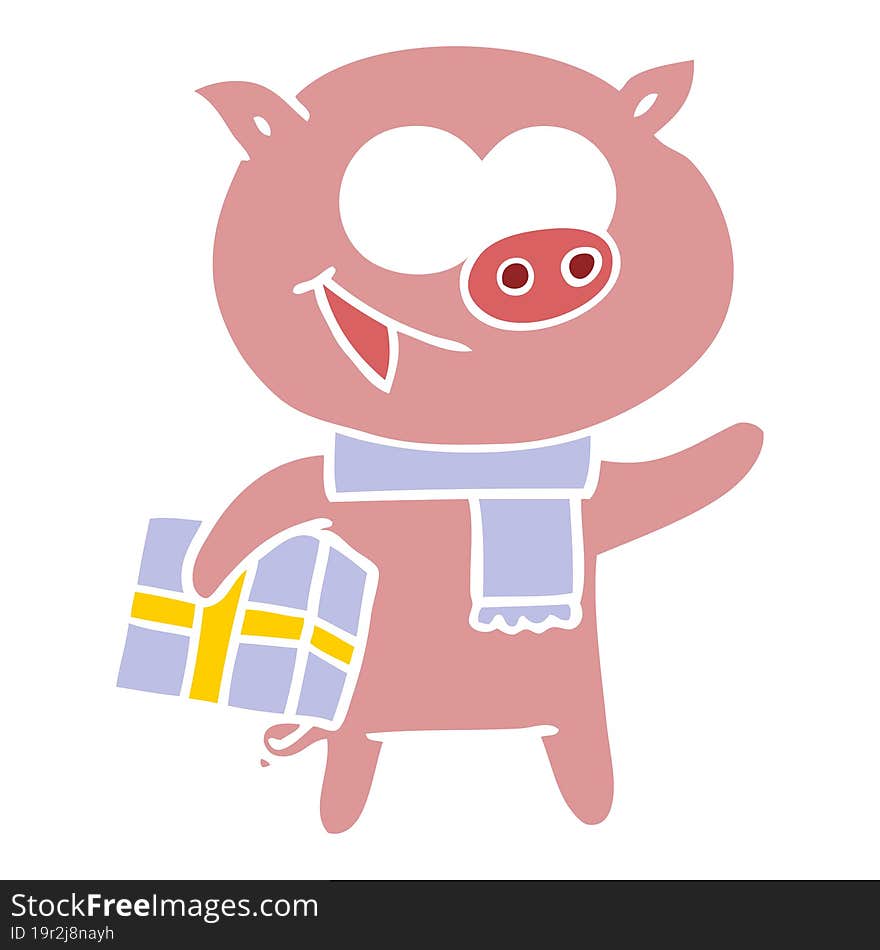 cheerful pig with christmas gift