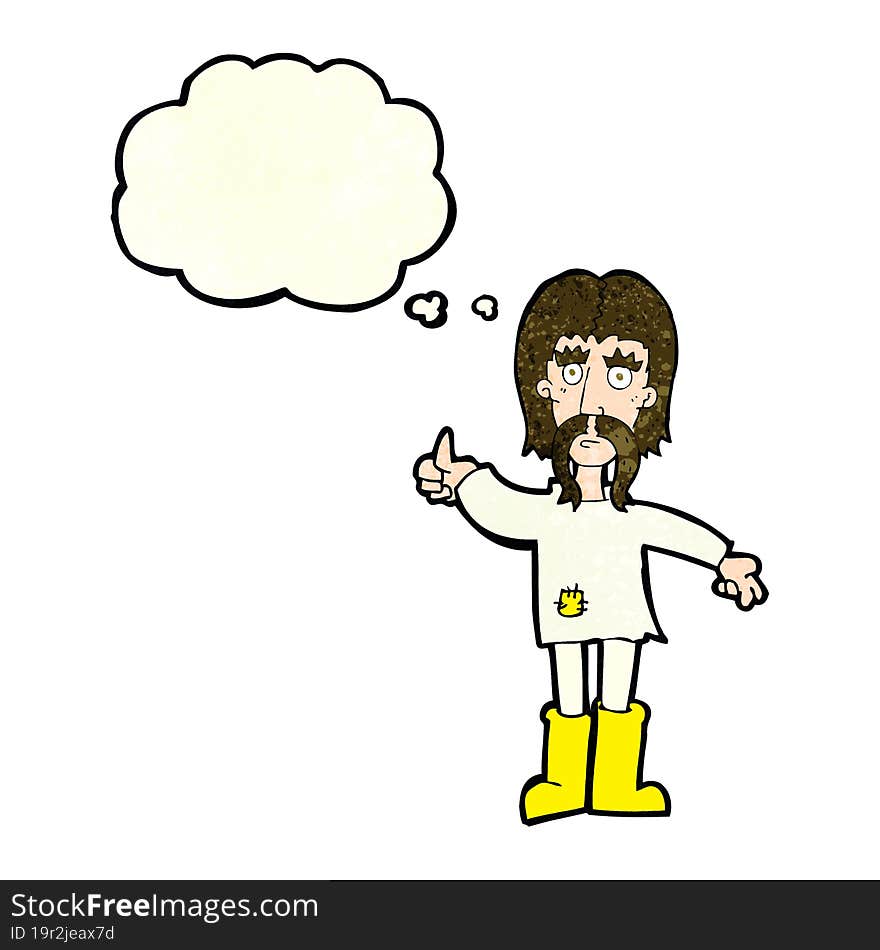 cartoon hippie man giving thumbs up symbol with thought bubble