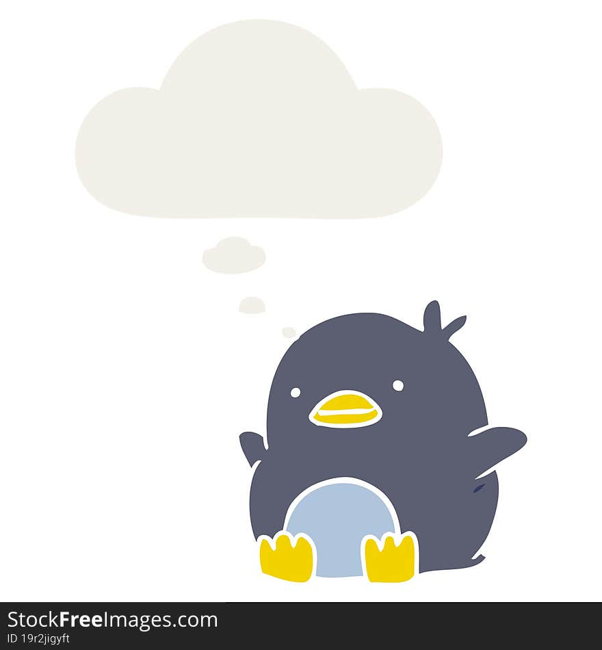 cute cartoon penguin and thought bubble in retro style