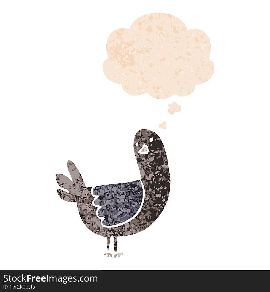 cartoon pigeon and thought bubble in retro textured style