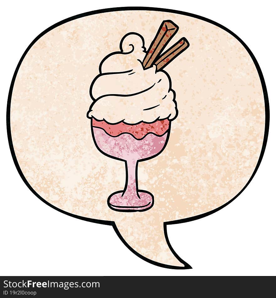 Cartoon Ice Cream Dessert And Speech Bubble In Retro Texture Style