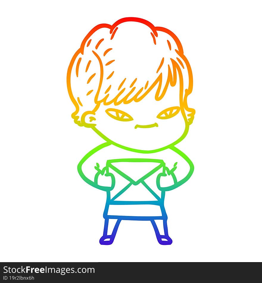 rainbow gradient line drawing of a cartoon happy woman