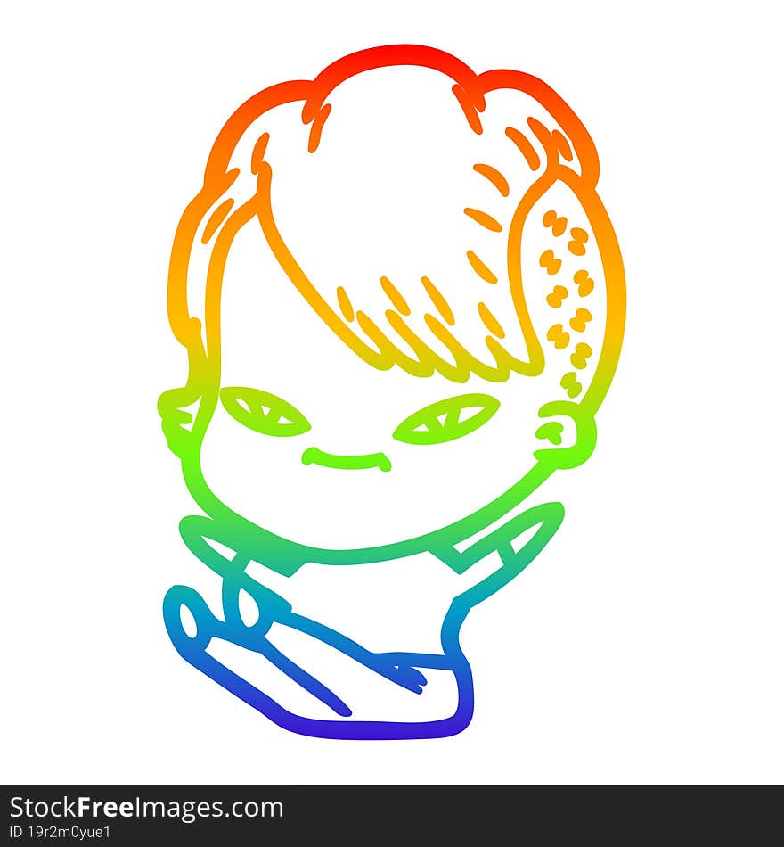 Rainbow Gradient Line Drawing Cute Cartoon Girl With Hipster Haircut