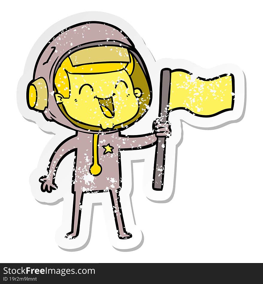 distressed sticker of a happy cartoon astronaut