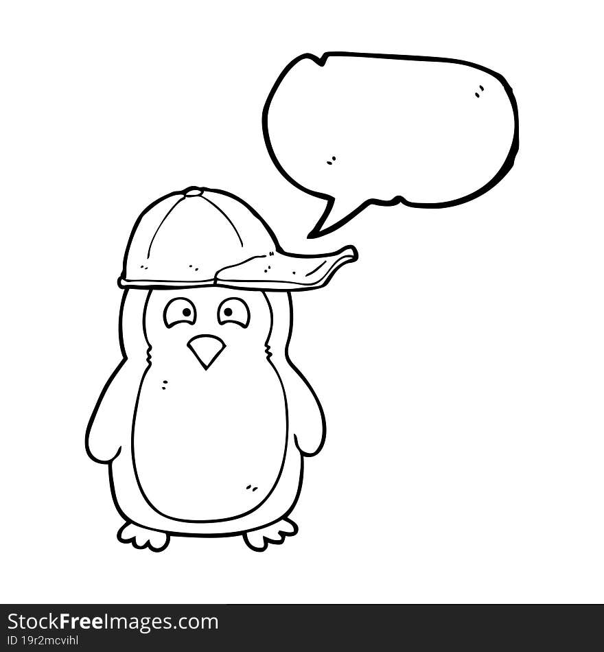 freehand drawn speech bubble cartoon penguin wearing hat