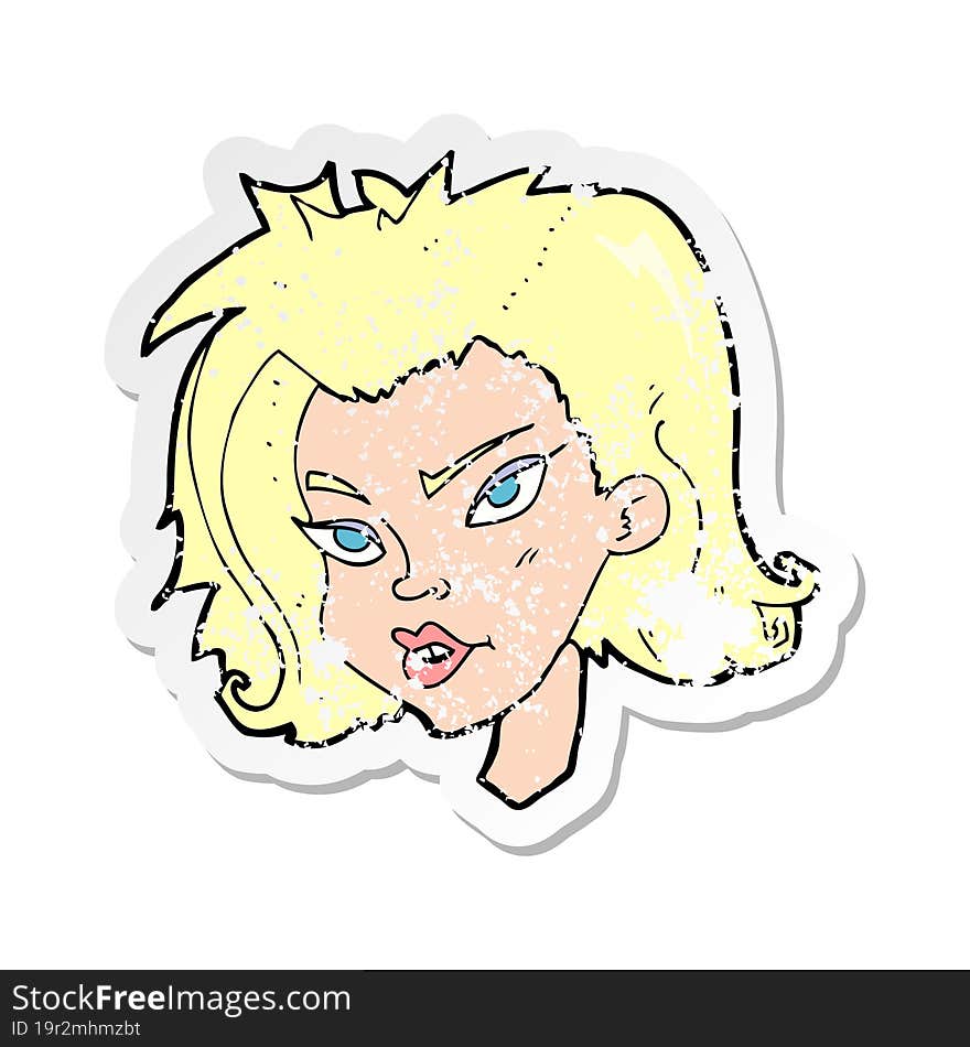 retro distressed sticker of a cartoon female face