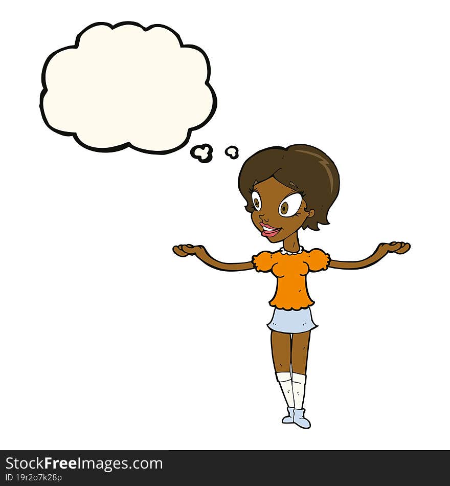 Cartoon Woman With Arms Spread Wide With Thought Bubble