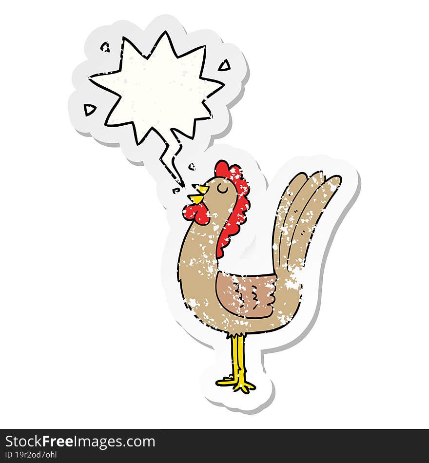 Cartoon Rooster And Speech Bubble Distressed Sticker