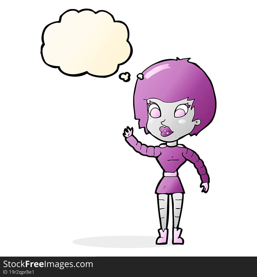 cartoon robot woman waving with thought bubble