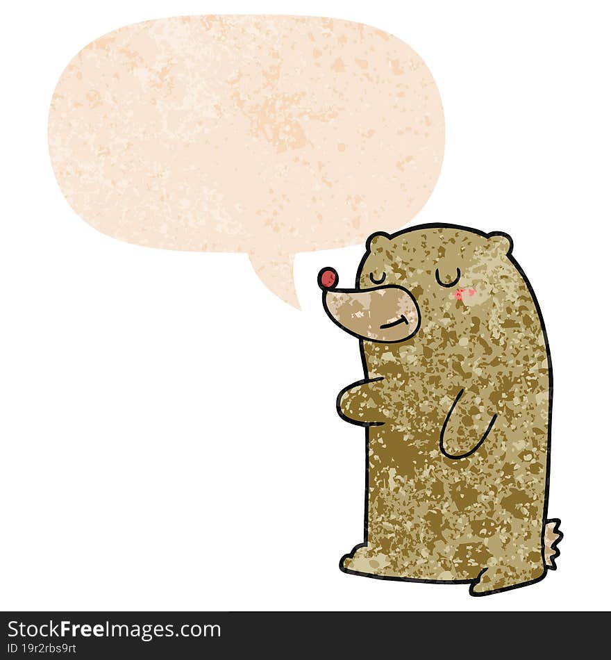 cute cartoon bear and speech bubble in retro textured style