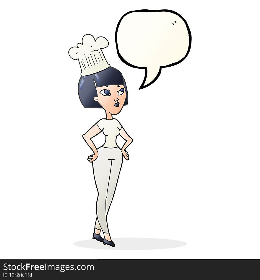 freehand drawn speech bubble cartoon female chef. freehand drawn speech bubble cartoon female chef