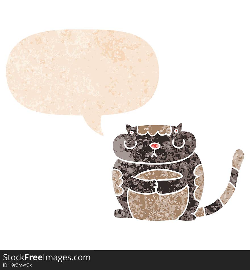 cute cartoon cat and speech bubble in retro textured style