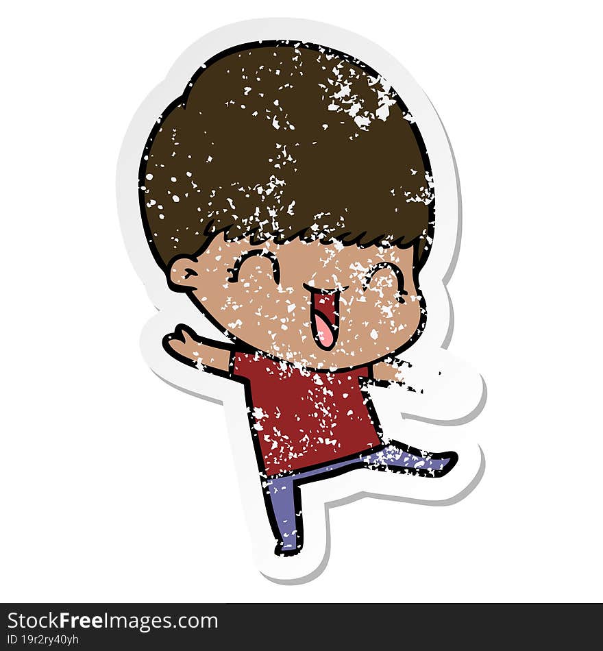 distressed sticker of a happy cartoon boy