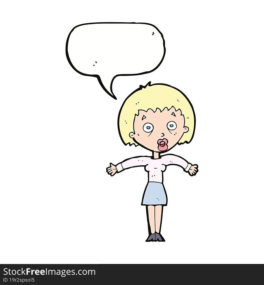 cartoon woman shrugging shoulders with speech bubble