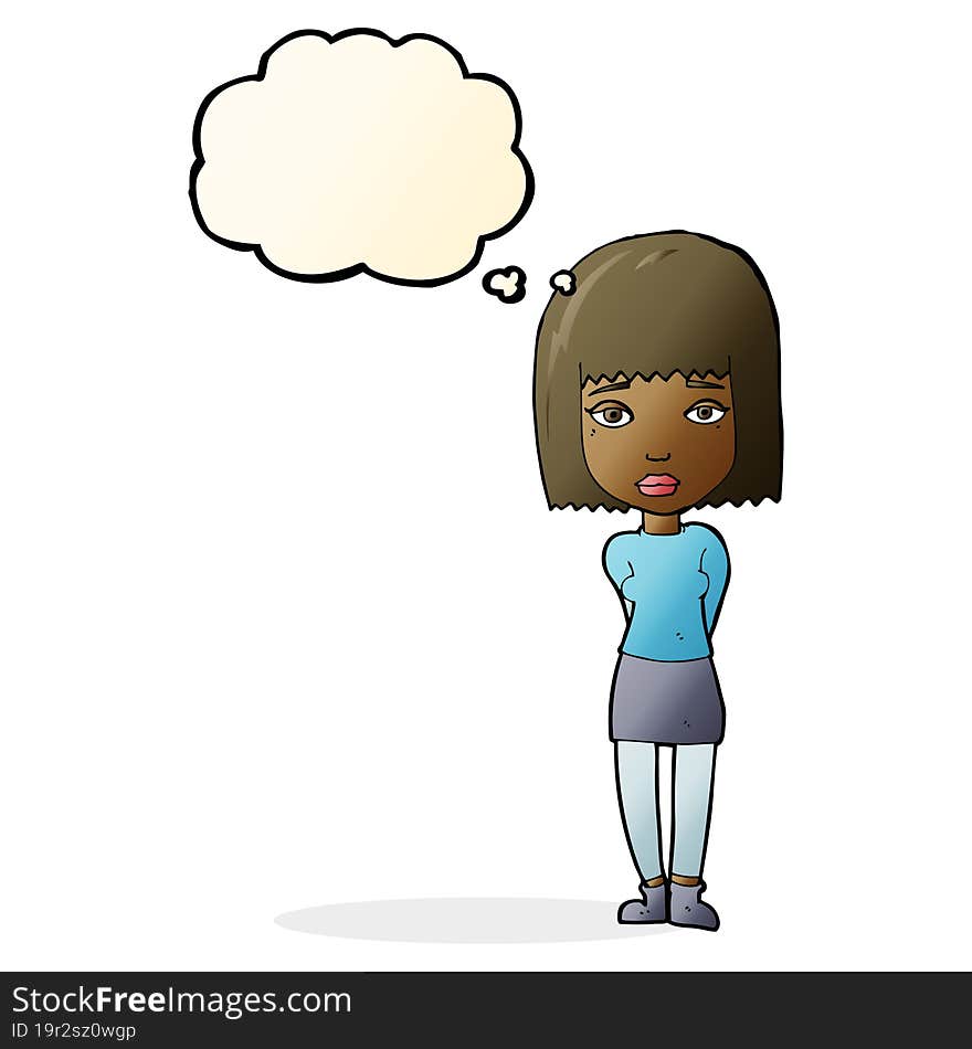 cartoon serious girl with thought bubble