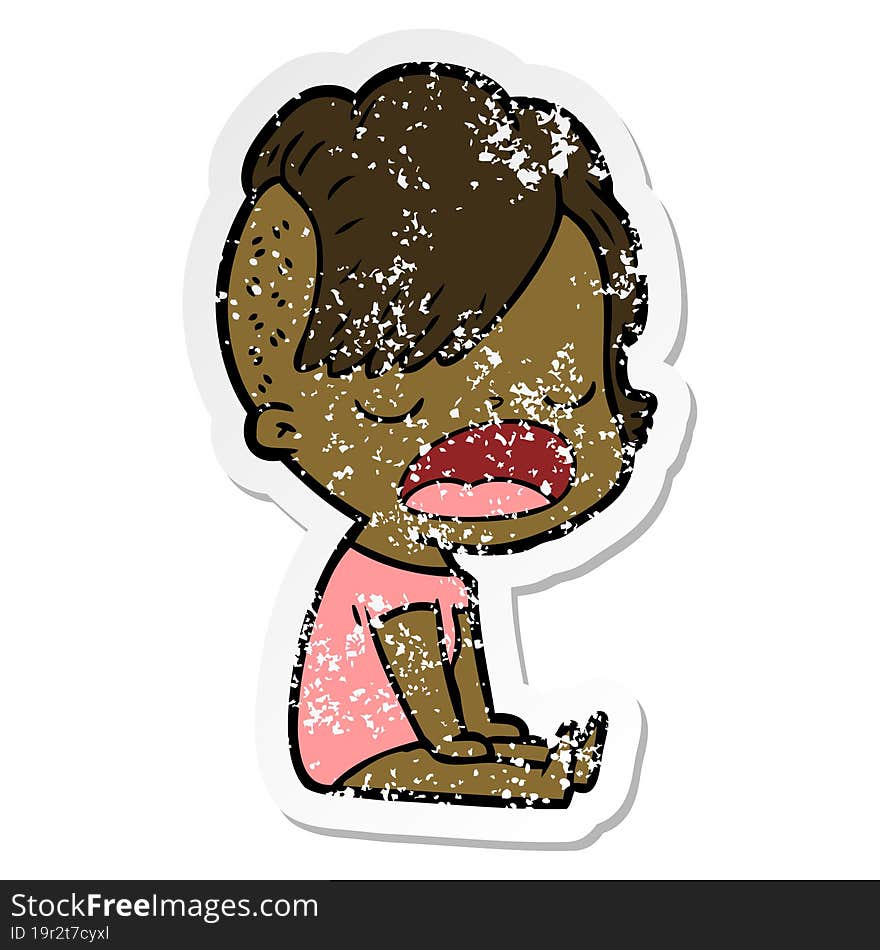 distressed sticker of a cartoon cool hipster girl talking