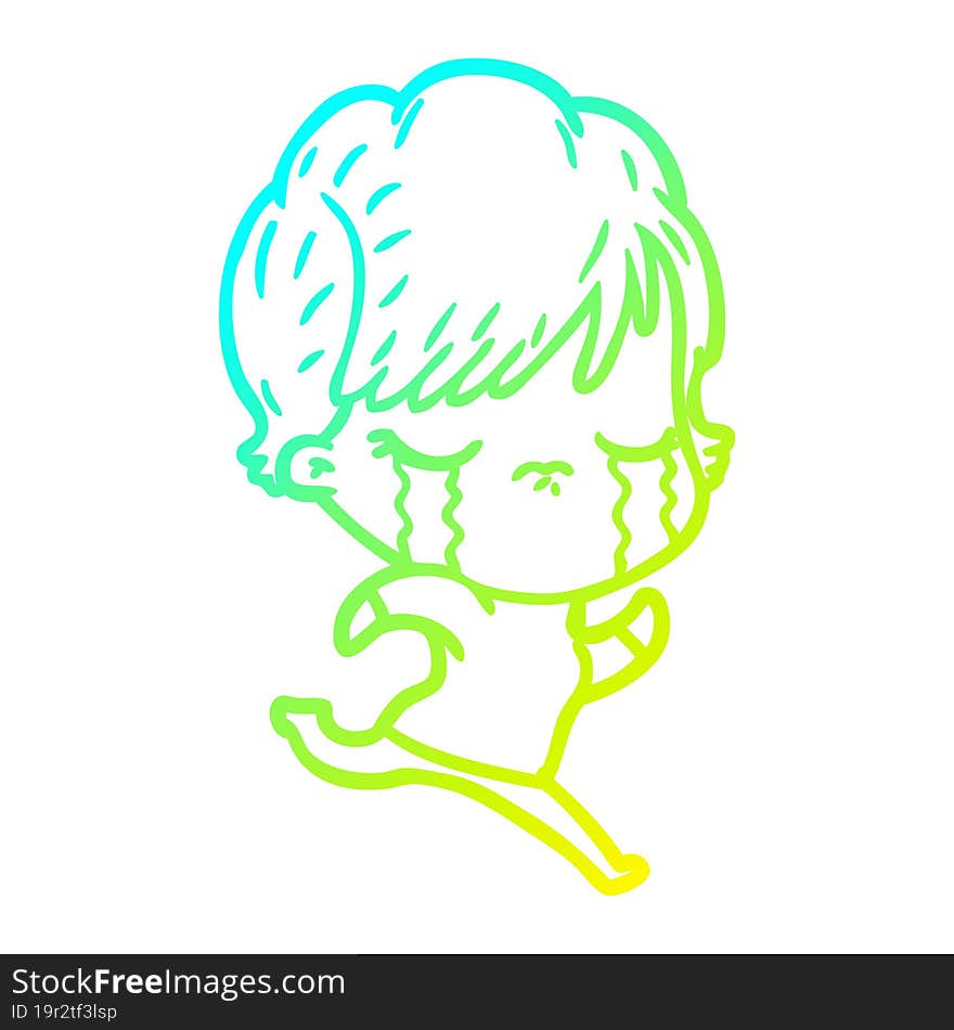 Cold Gradient Line Drawing Cartoon Woman Crying