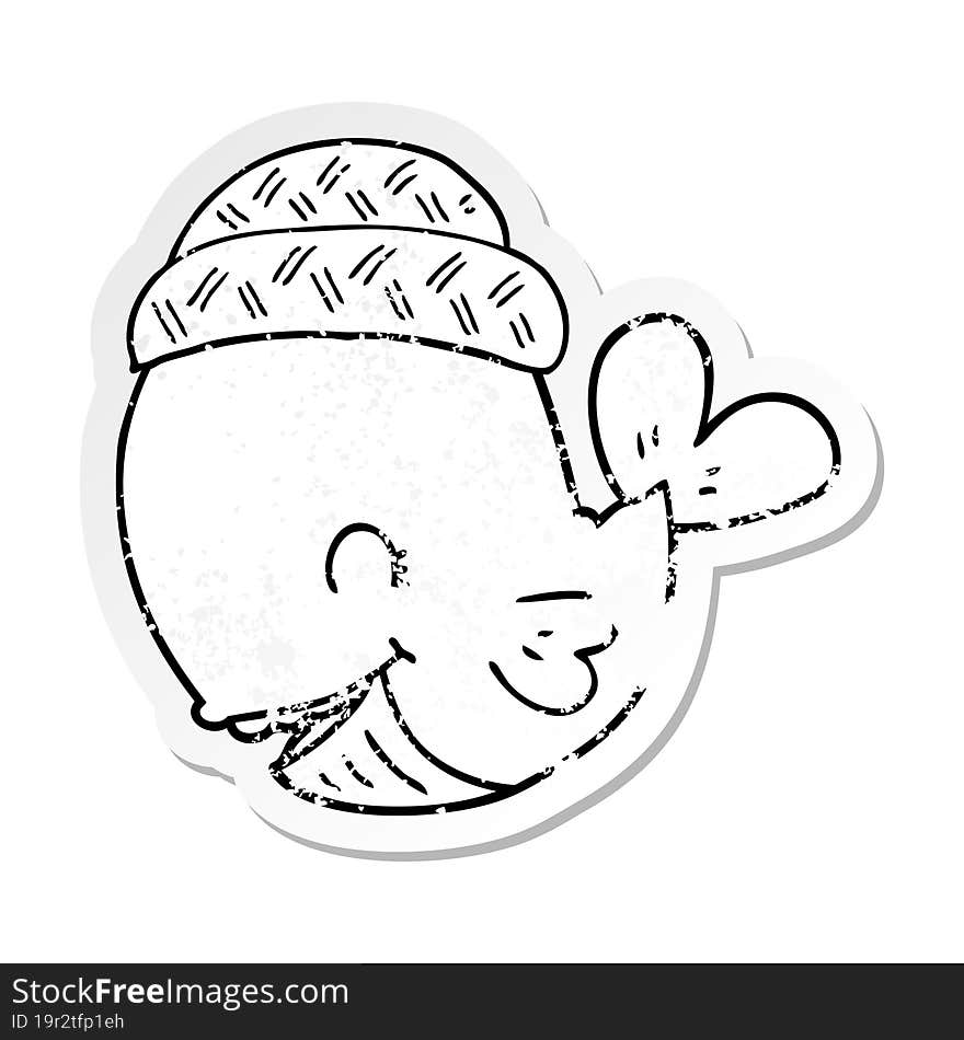 Distressed Sticker Of A Cartoon Whale Wearing Hat