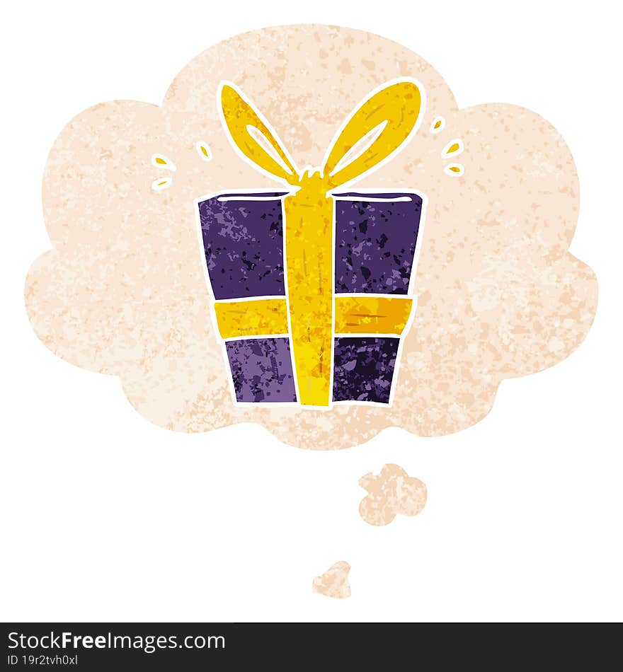 cartoon wrapped gift and thought bubble in retro textured style