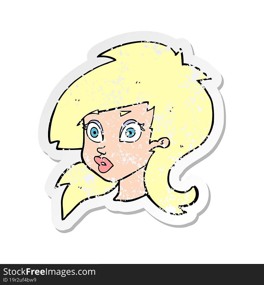 Retro Distressed Sticker Of A Cartoon Pretty Surprised Woman