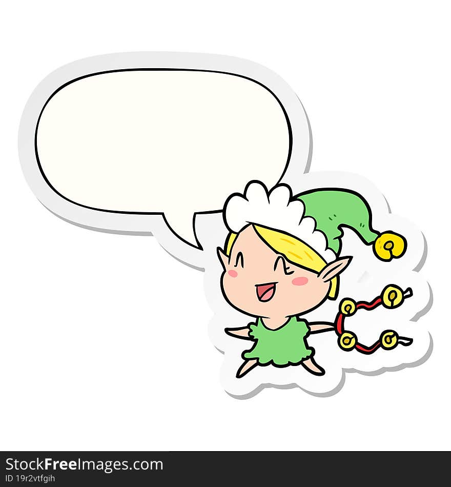 cartoon happy christmas elf with speech bubble sticker