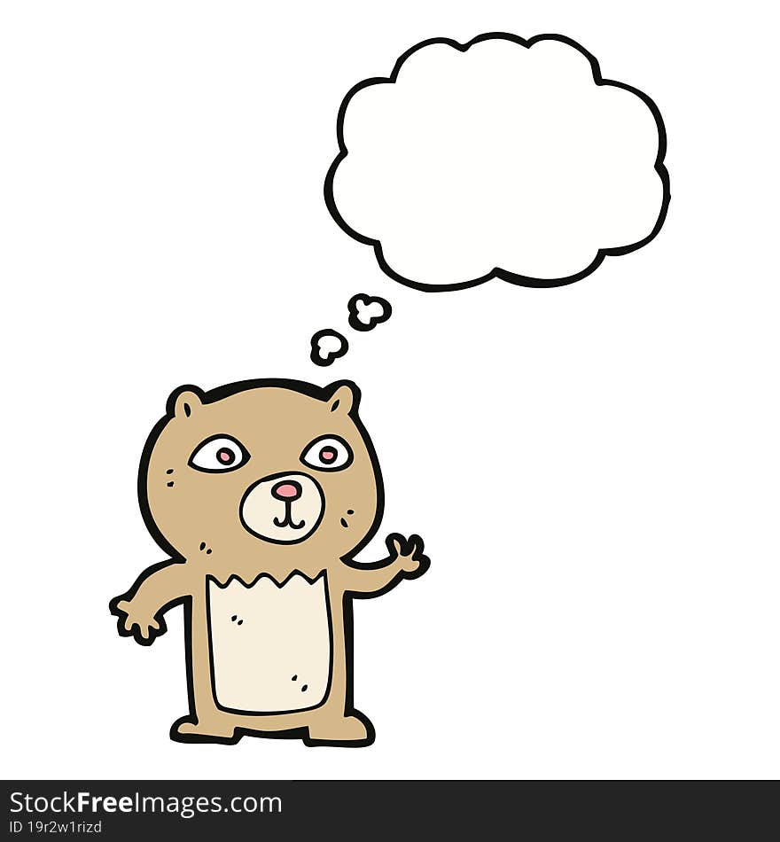 cartoon waving teddy bear with thought bubble