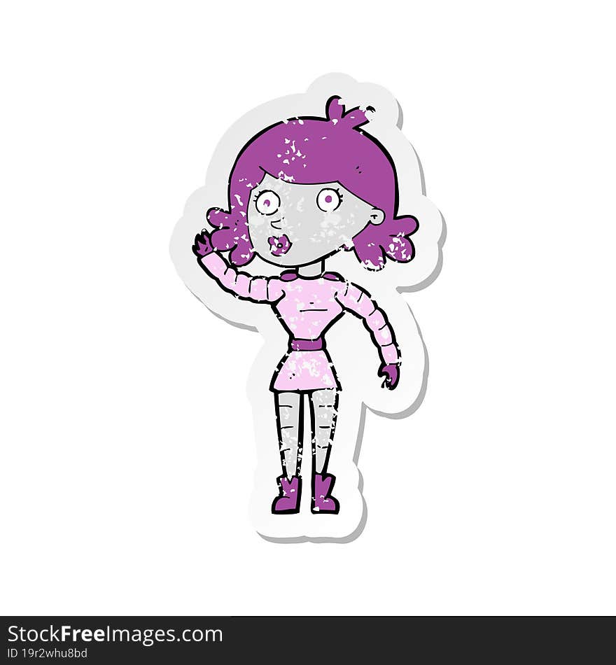 retro distressed sticker of a cartoon robot woman waving