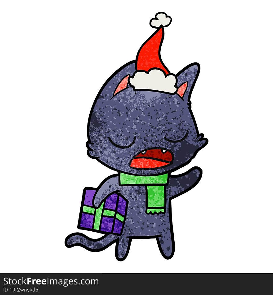 talking cat textured cartoon of a wearing santa hat