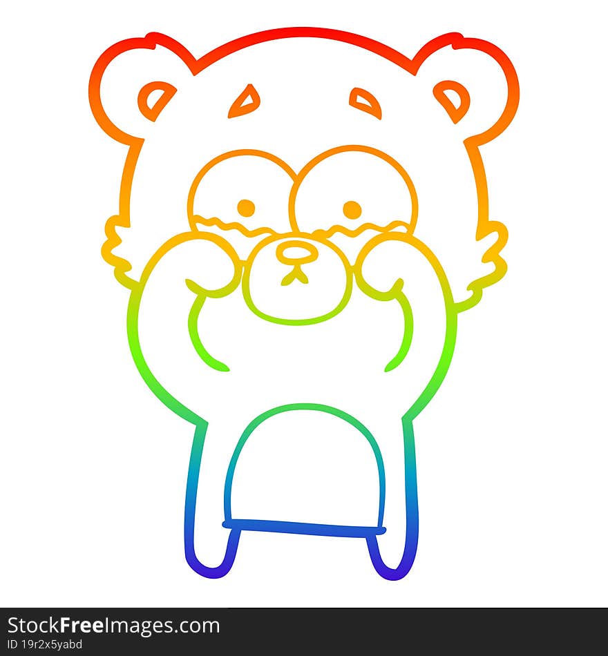 rainbow gradient line drawing cartoon crying bear rubbing eyes