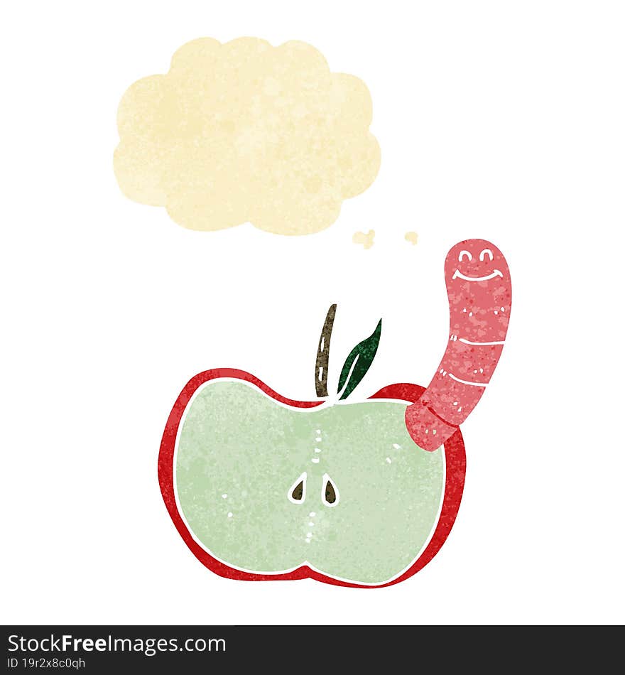 cartoon apple with worm with thought bubble