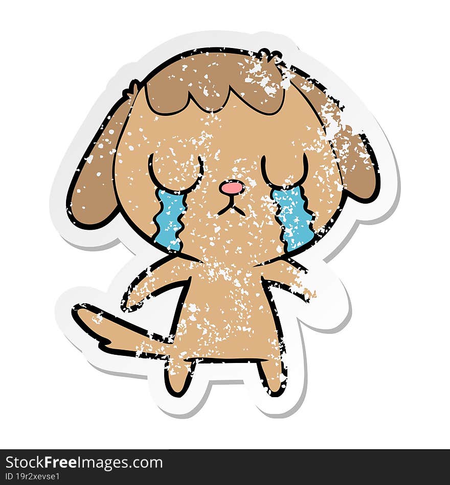 distressed sticker of a cute cartoon dog crying