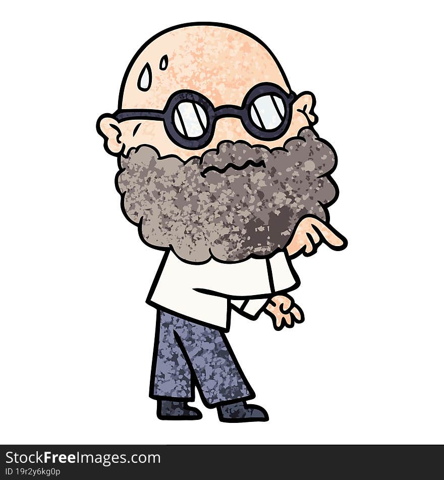 cartoon worried man with beard and spectacles pointing finger. cartoon worried man with beard and spectacles pointing finger