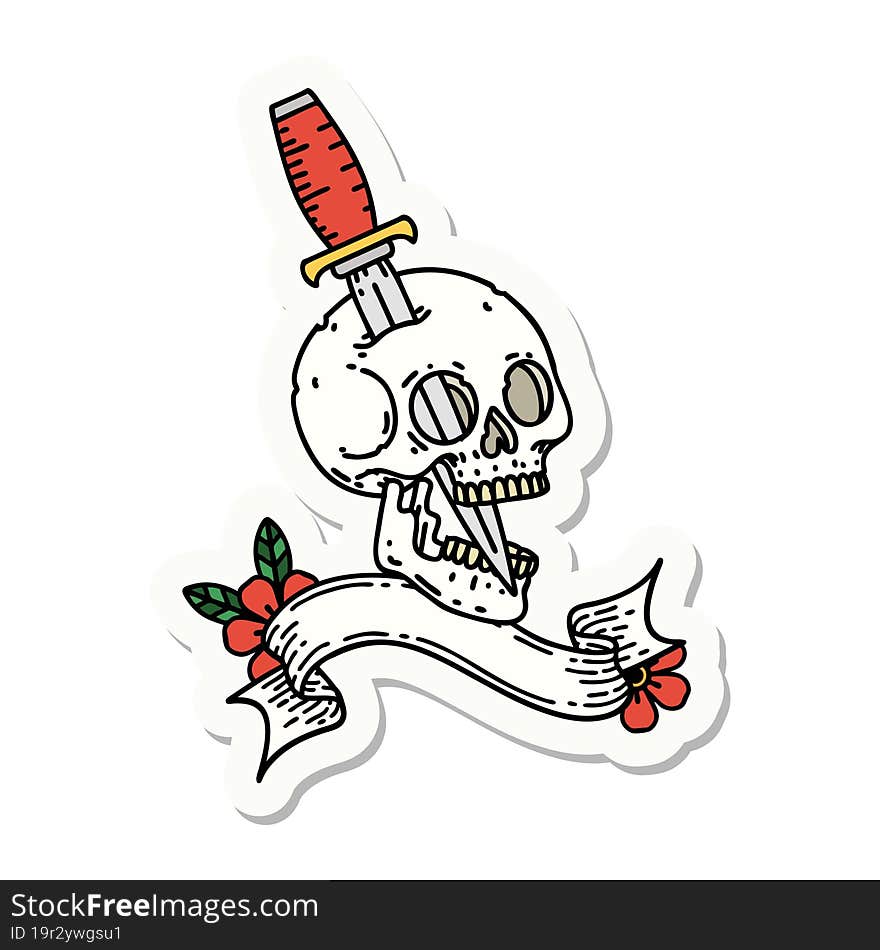 Tattoo Sticker With Banner Of A Skull And Dagger