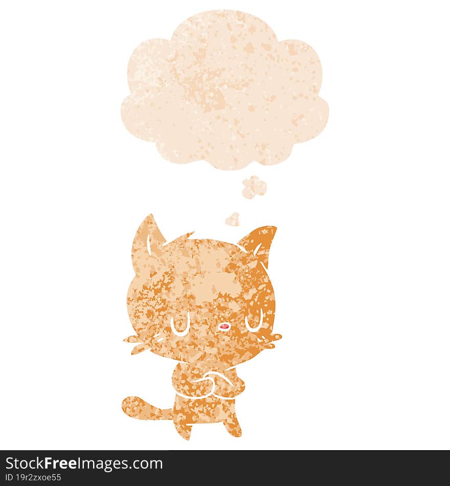 cartoon cat with thought bubble in grunge distressed retro textured style. cartoon cat with thought bubble in grunge distressed retro textured style