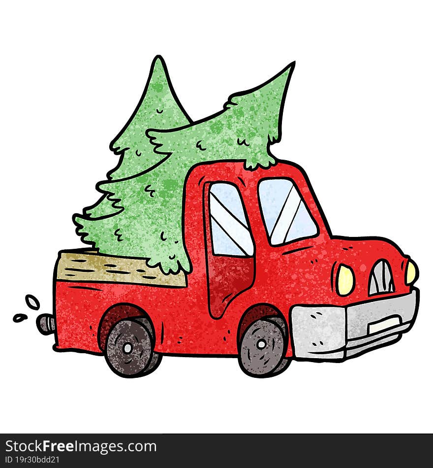 cartoon pickup truck carrying christmas trees. cartoon pickup truck carrying christmas trees