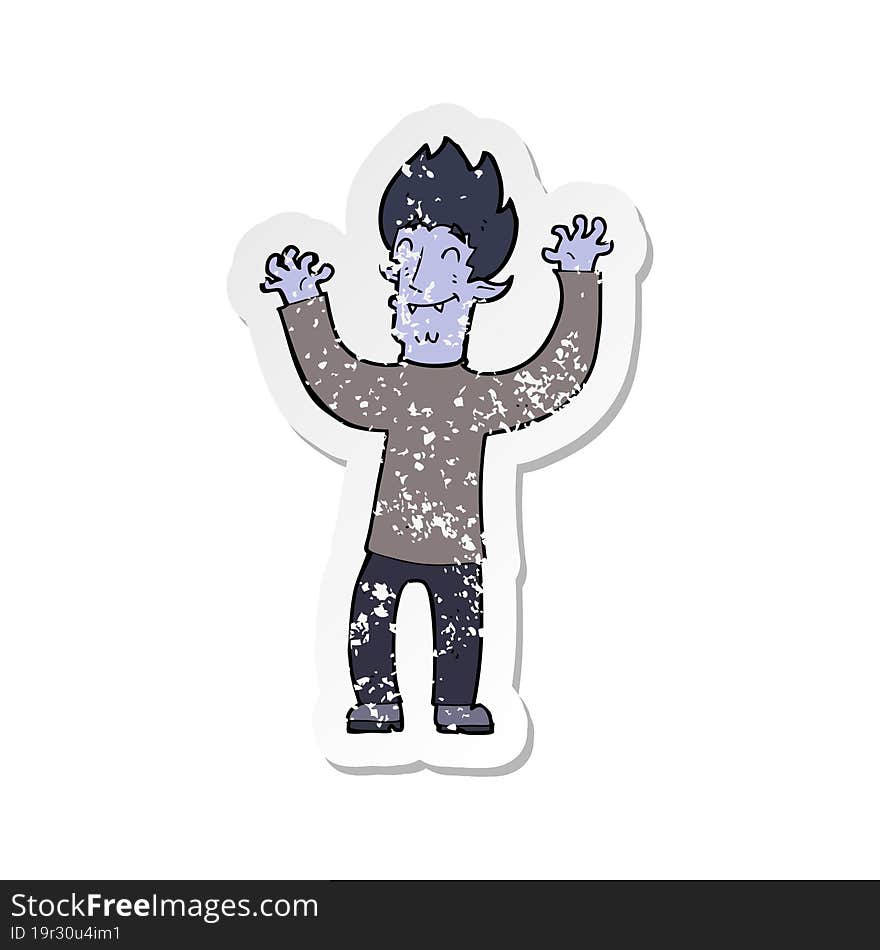 retro distressed sticker of a cartoon happy vampire man